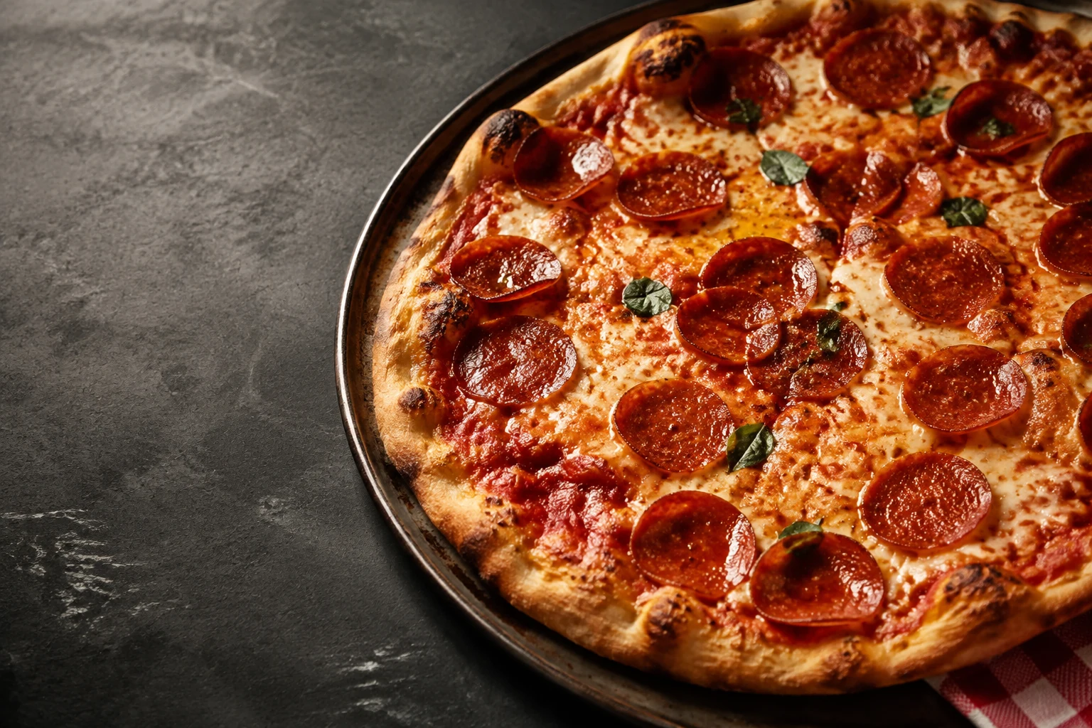 Illustrative pizza with a golden crust