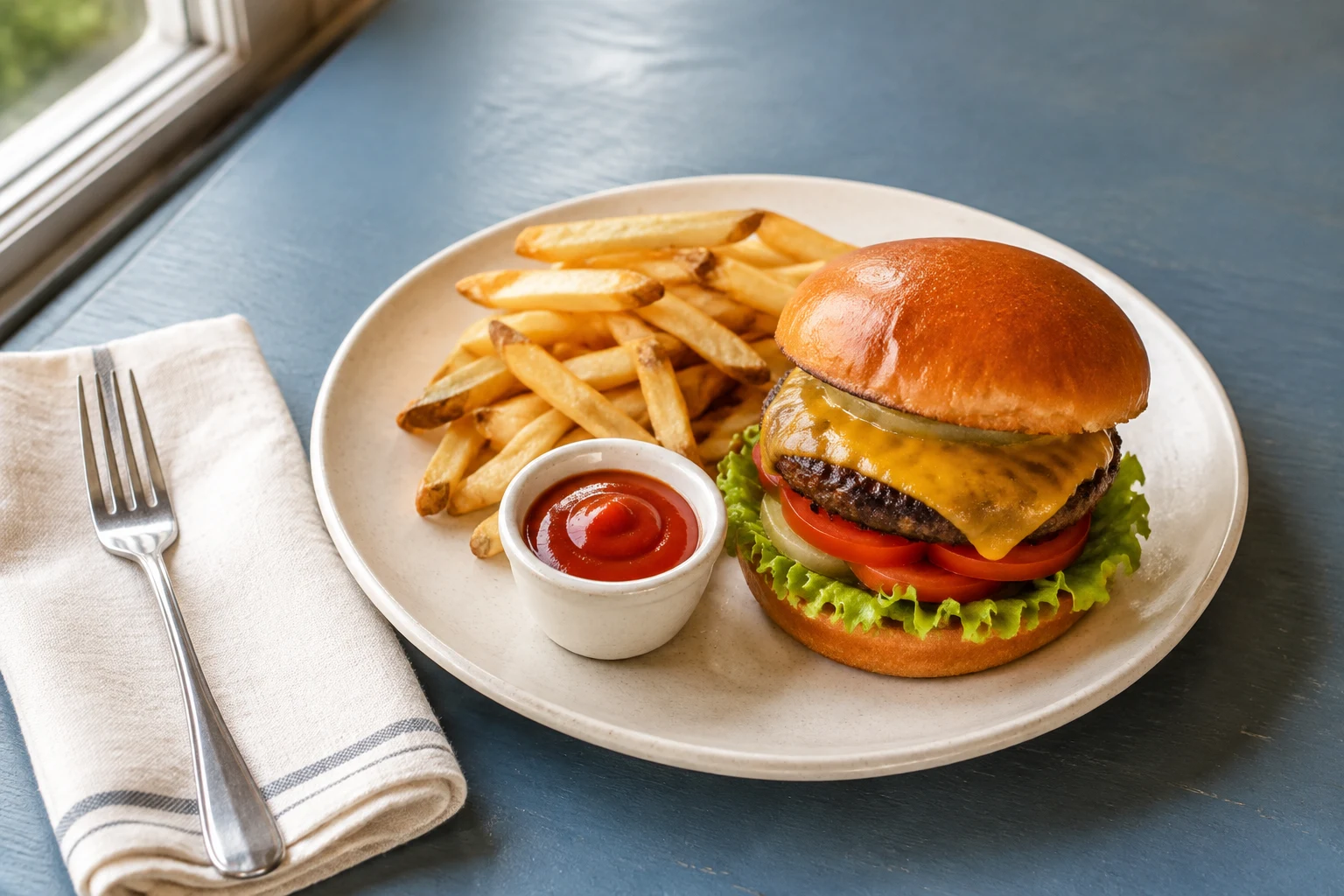 Illustrative diner burger and fries on a blue café table