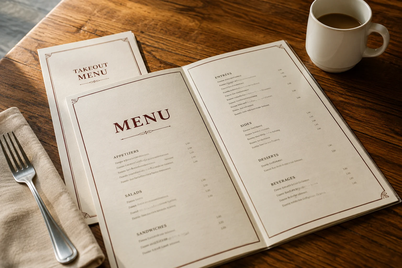 Illustrative cream restaurant menus on a wooden table, not actual Fasprint work